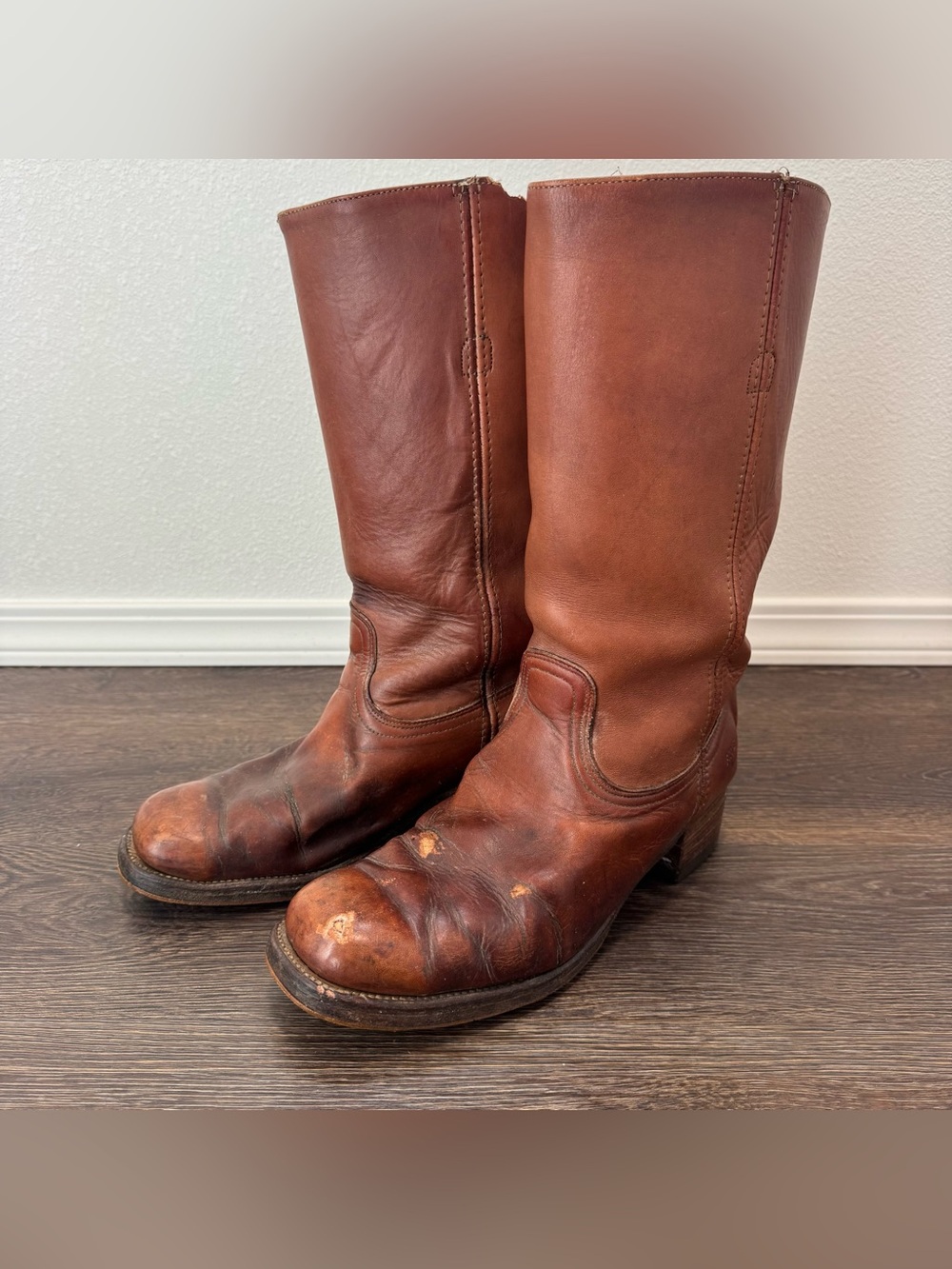 Frye Vintage 1970s Campus Boots Brown Stacked Heel Pull On Size 11 *flaws*